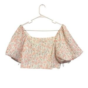 2/$30 On Twelfth - Puff Sleeve Crop Blouse Pink White Cottagecore Top NWT Size M